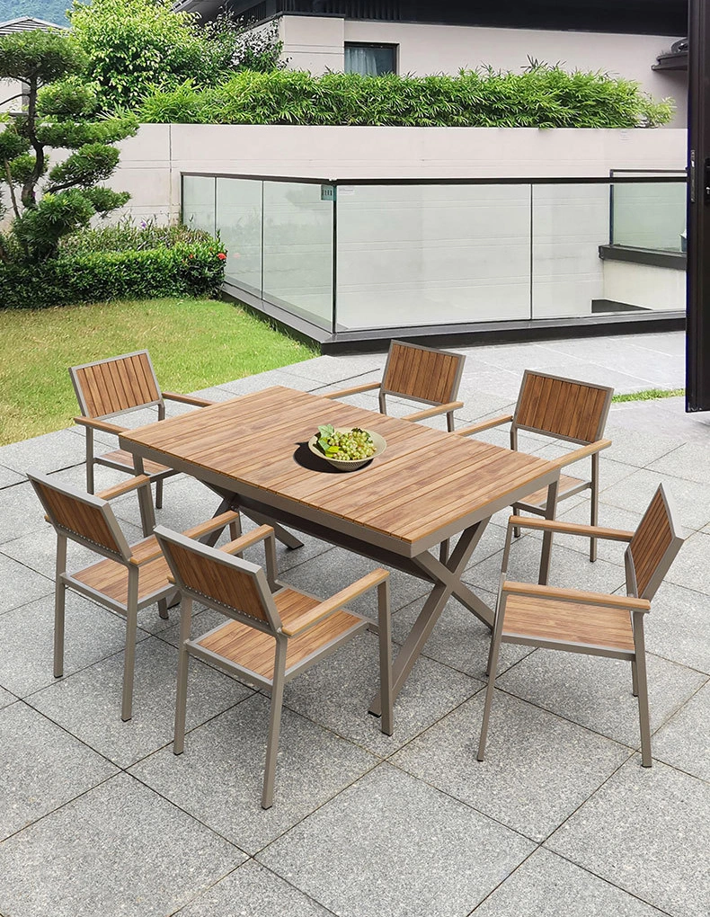 Modern Villa Outdoor Plastic Wood Furniture Leisure Hotel Outdoor Aluminum Chair Metal Frame Patio Garden Table and Chairs Set