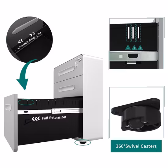Мобильный шкаф для документов с 3 ящиками, изогнутым углом, замком и колесиками.